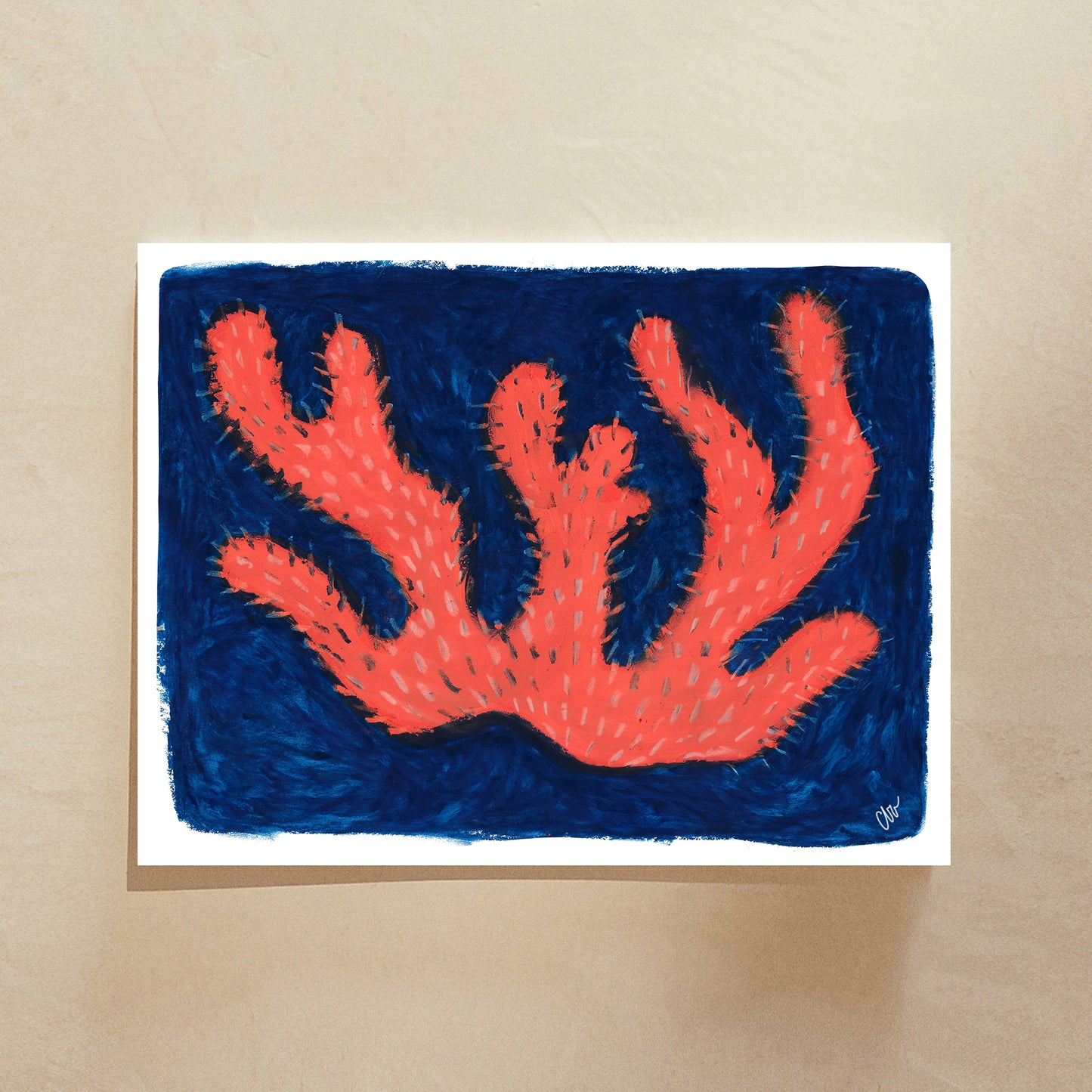Illustration of vibrant red coral on a dark blue background.
