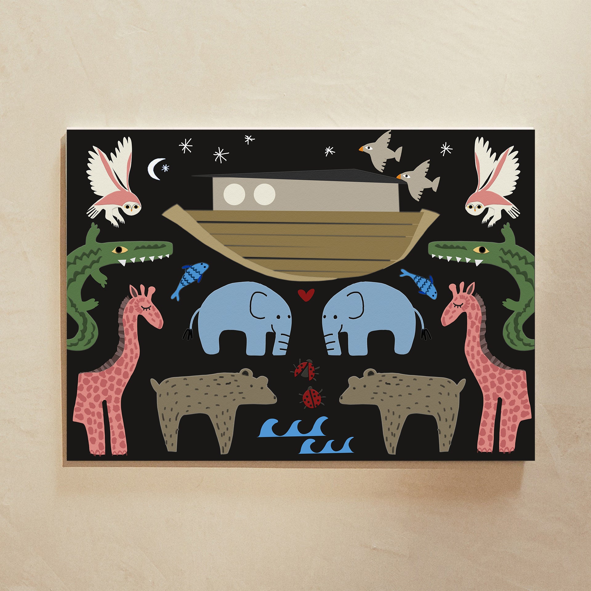 Colorful illustration of animals including elephants, giraffes, and bears around a boat on a night sky background