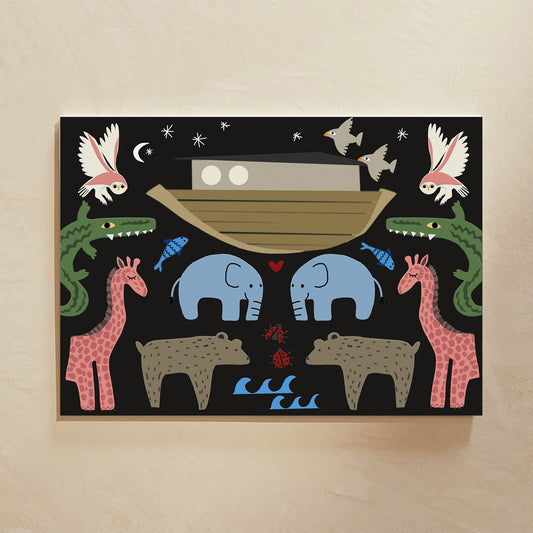 Colorful illustration of animals including elephants, giraffes, and bears around a boat on a night sky background