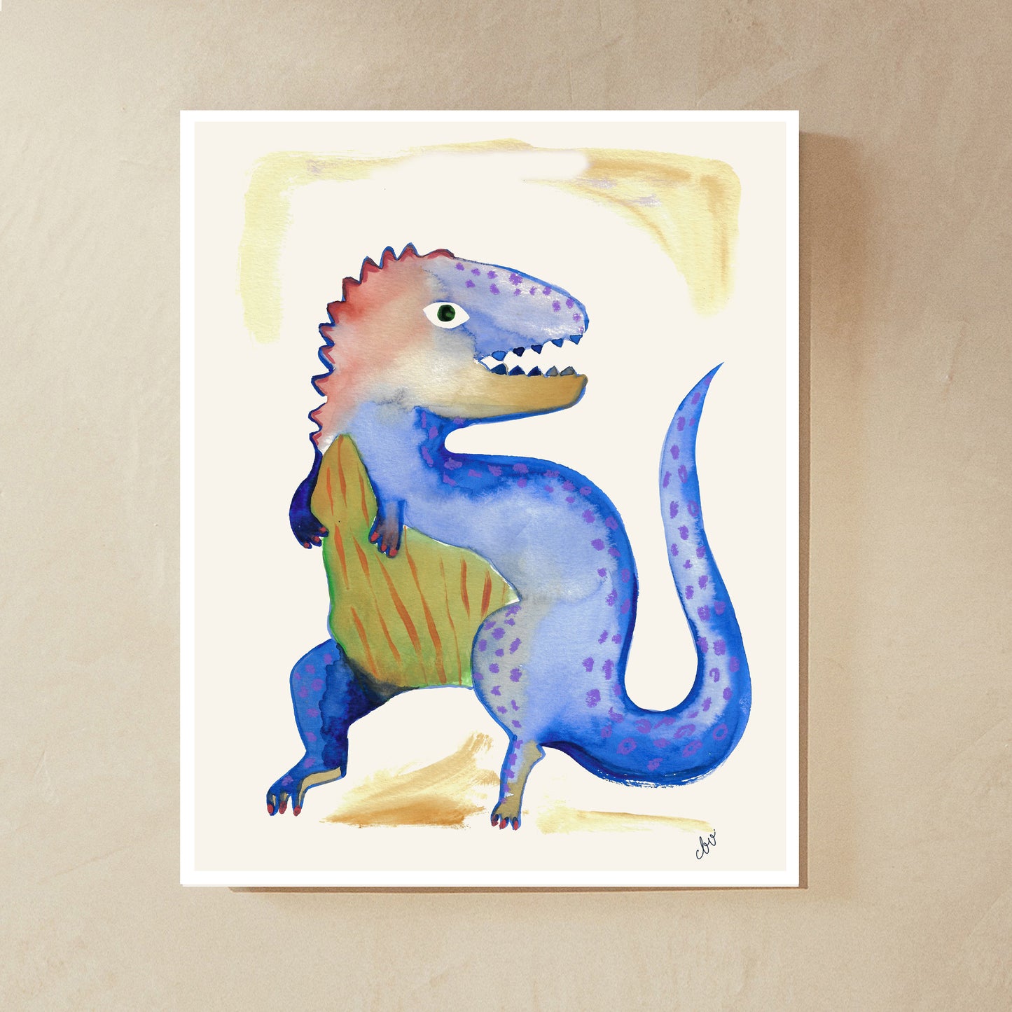 A colorful, cartoonish dinosaur with blue scales and a vibrant orange back, standing upright.