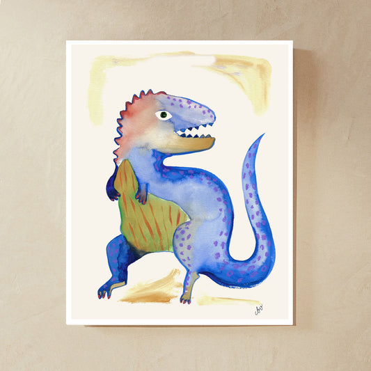 A colorful, cartoonish dinosaur with blue scales and a vibrant orange back, standing upright.