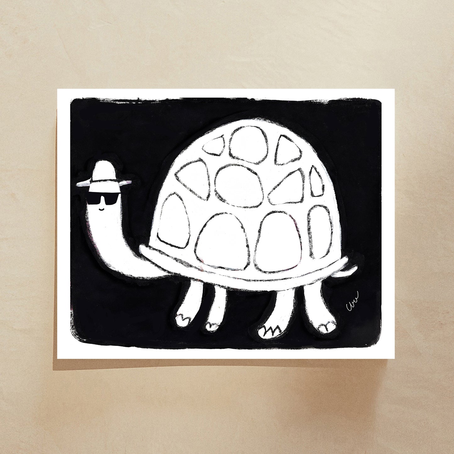 A whimsical drawing of a turtle wearing sunglasses and a hat.
