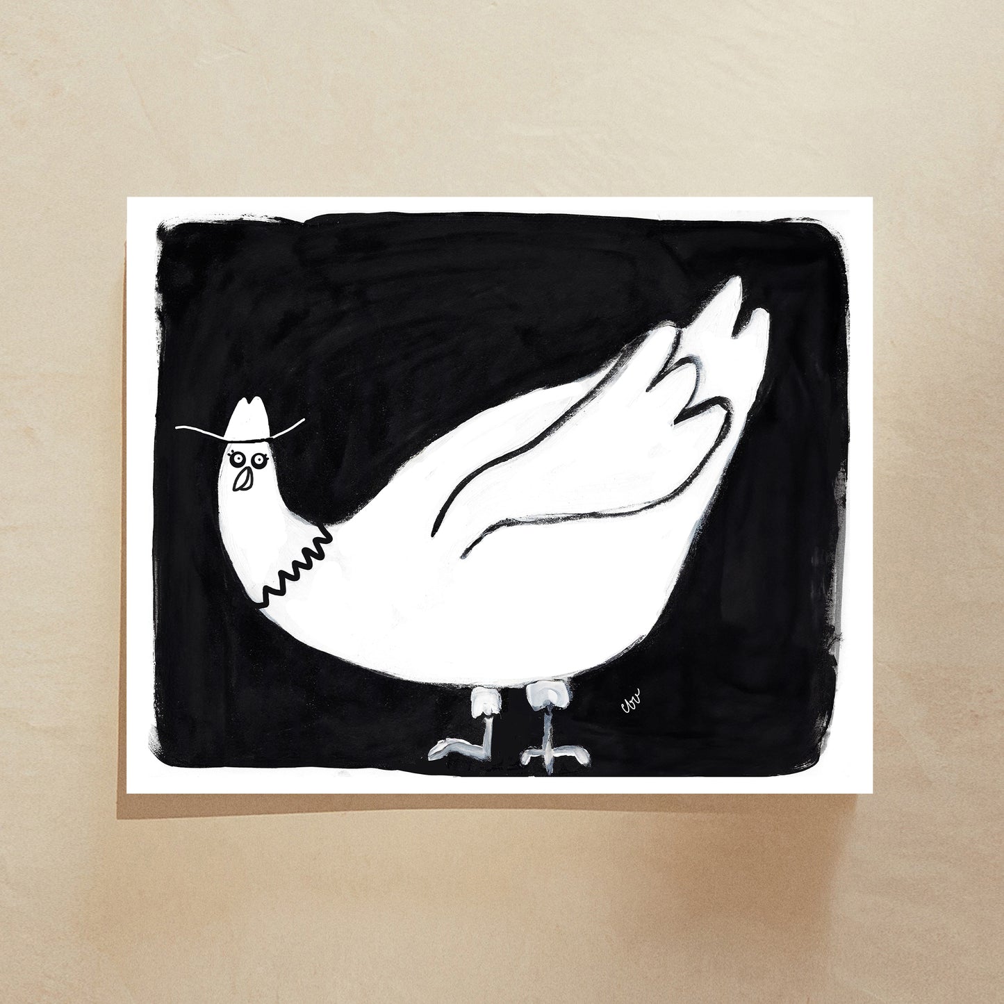 A whimsical drawing of a white chicken on a black background.