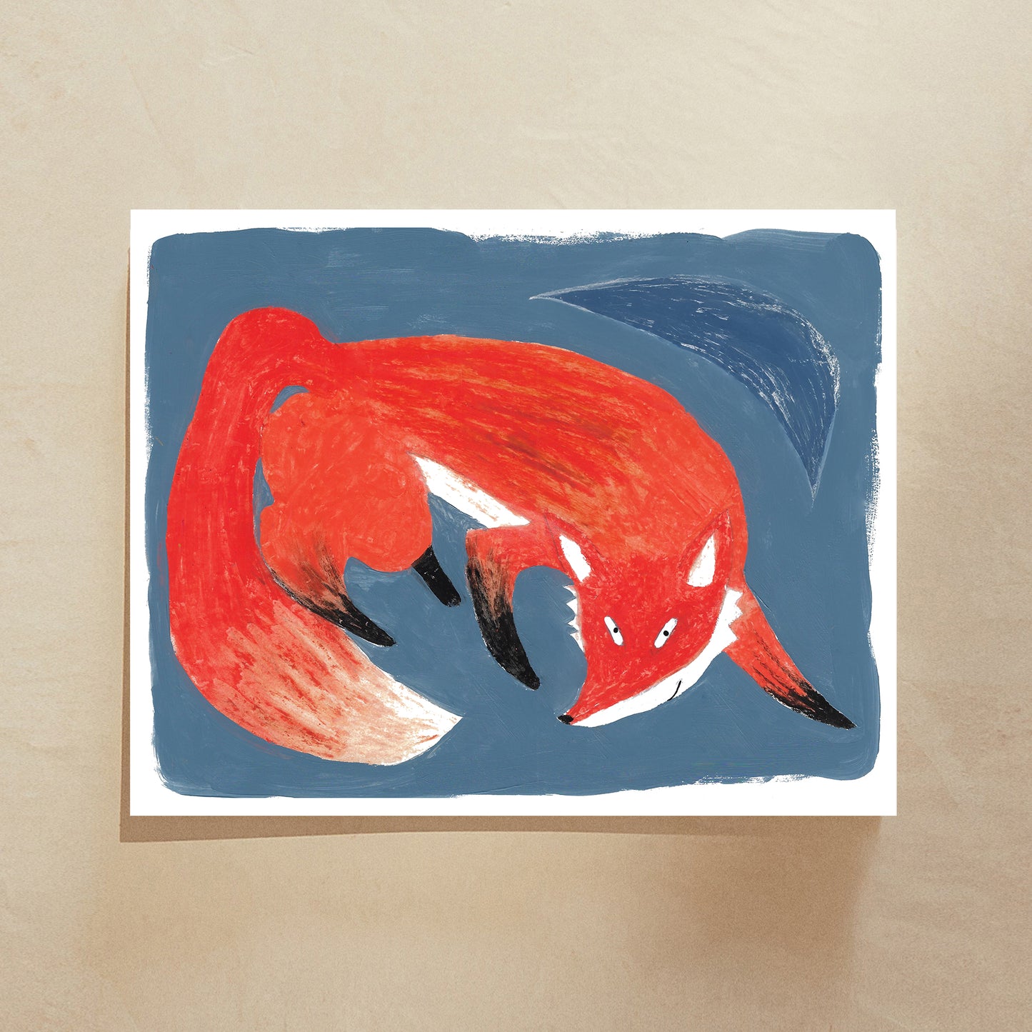 A stylized illustration of a red fox on a blue background.
