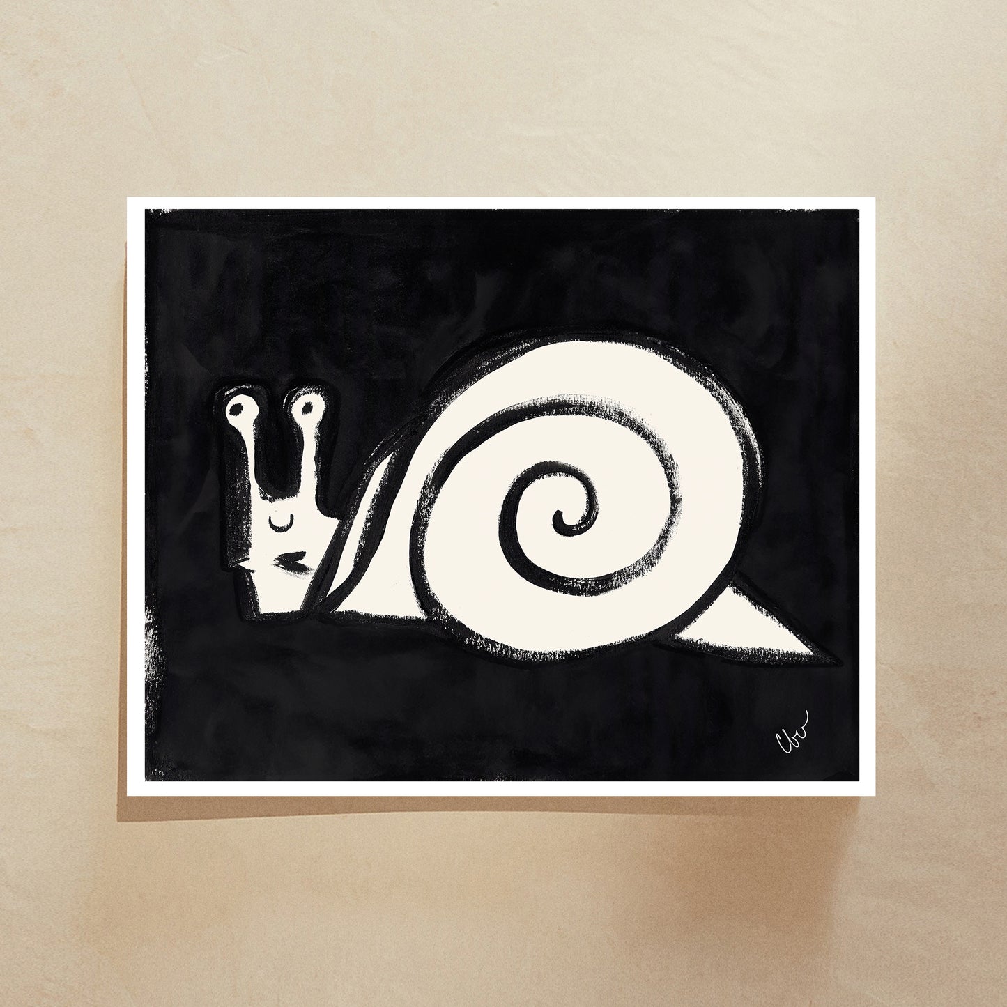 Stylized white snail illustration on a black background