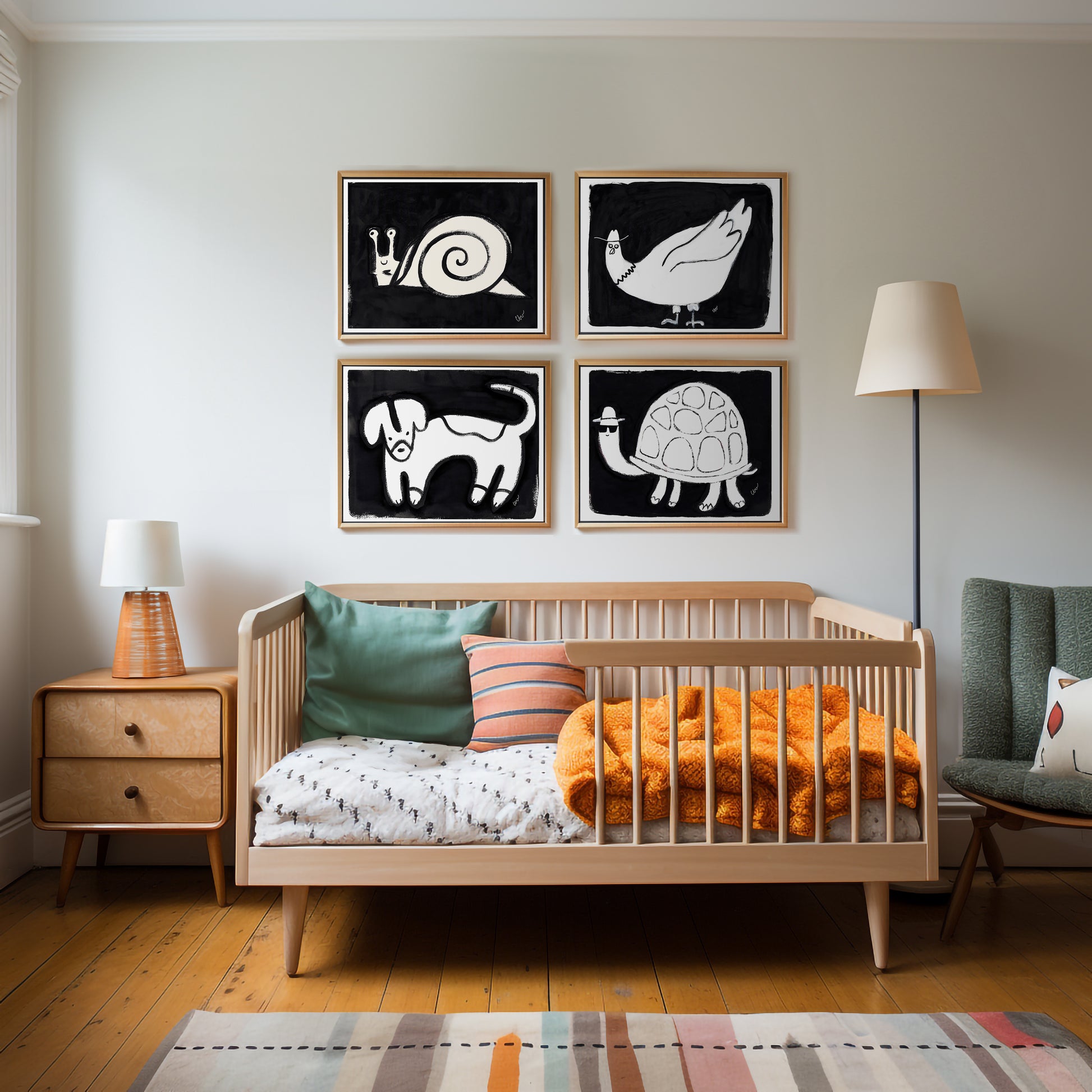 Stylish nursery with animal wall art, a wooden crib, and colorful cushions.