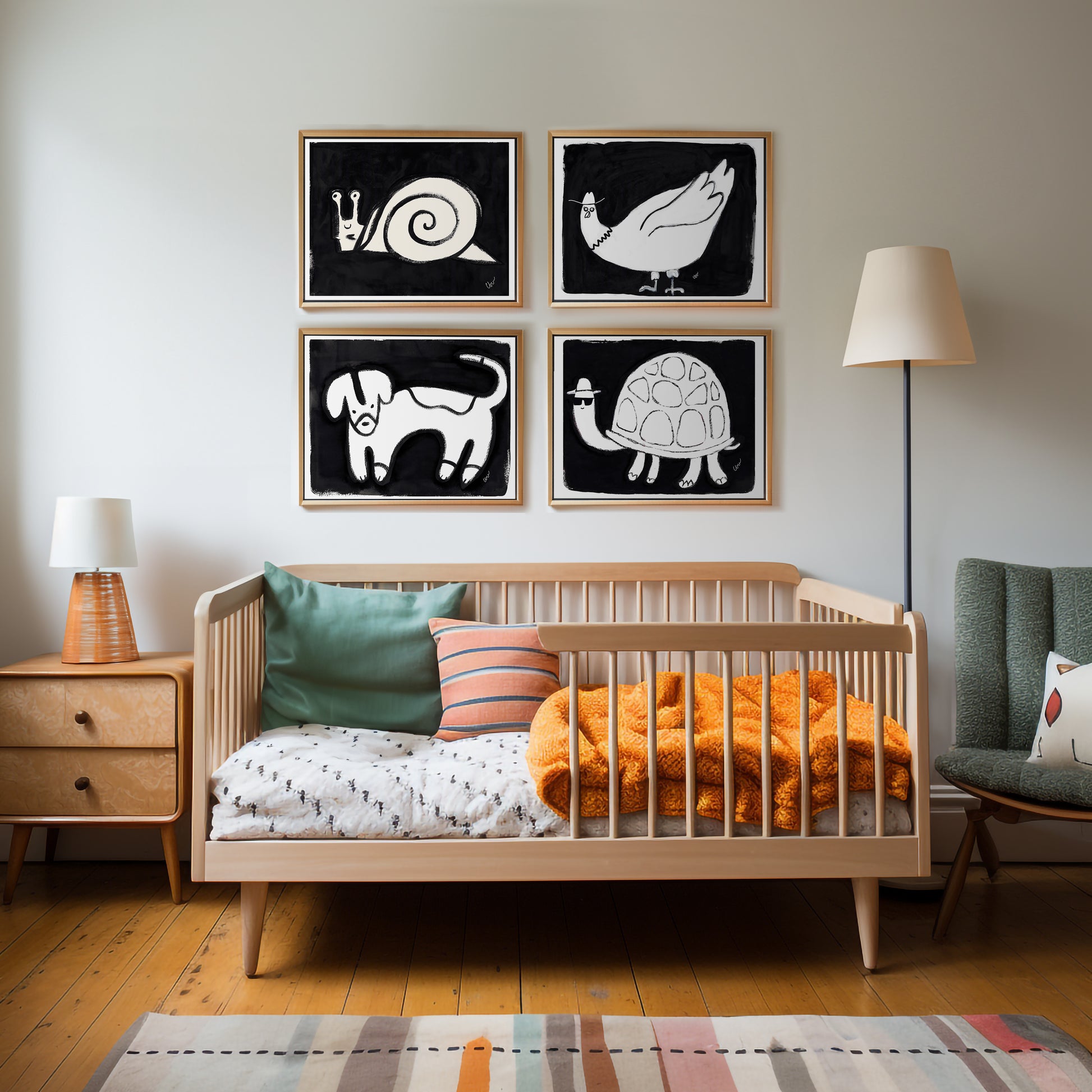 A cozy nursery featuring a wooden crib with colorful bedding, decorative pillows, and animal-themed artwork on the walls.
