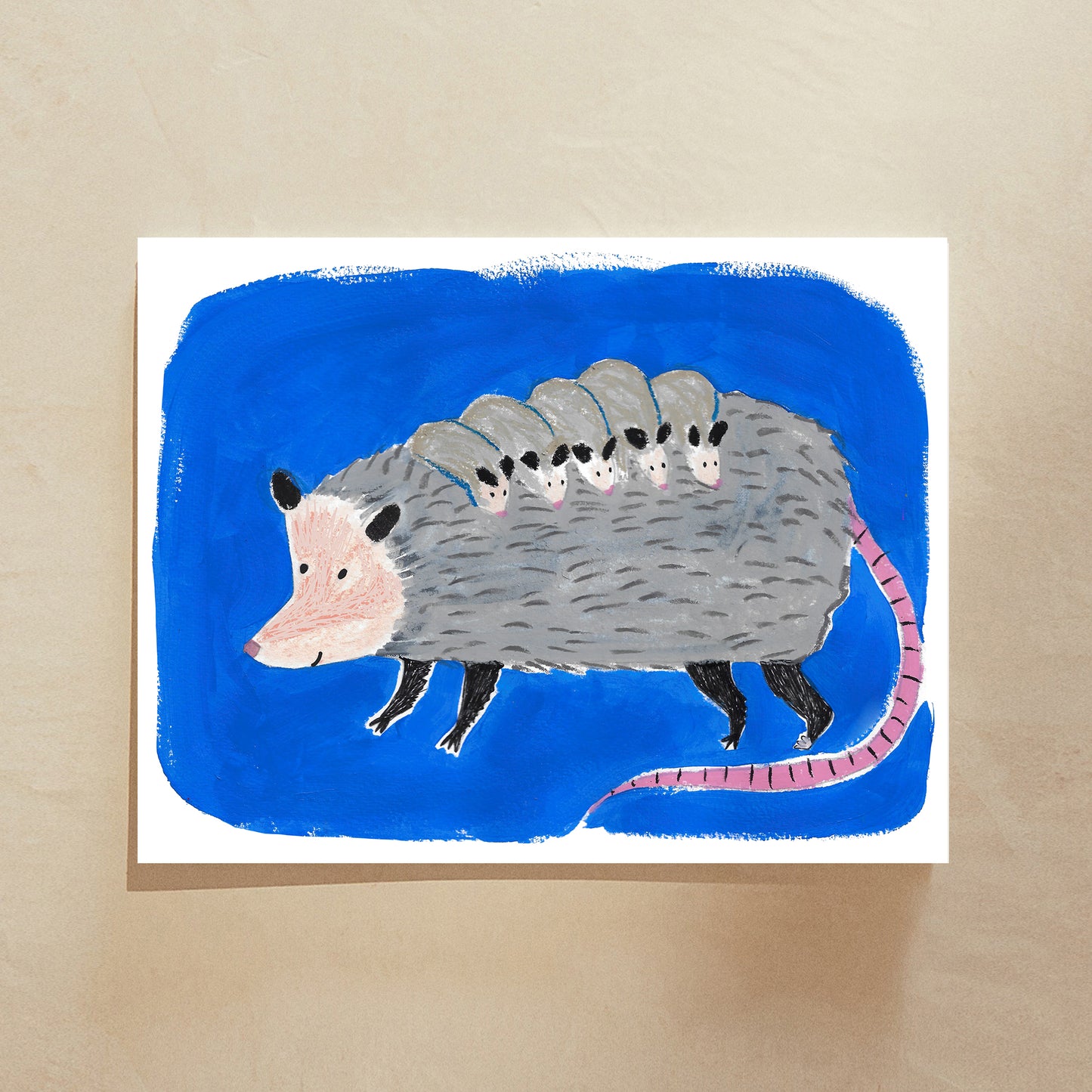 A whimsical illustration of an opossum carrying five baby opossums on its back, set against a bright blue background.