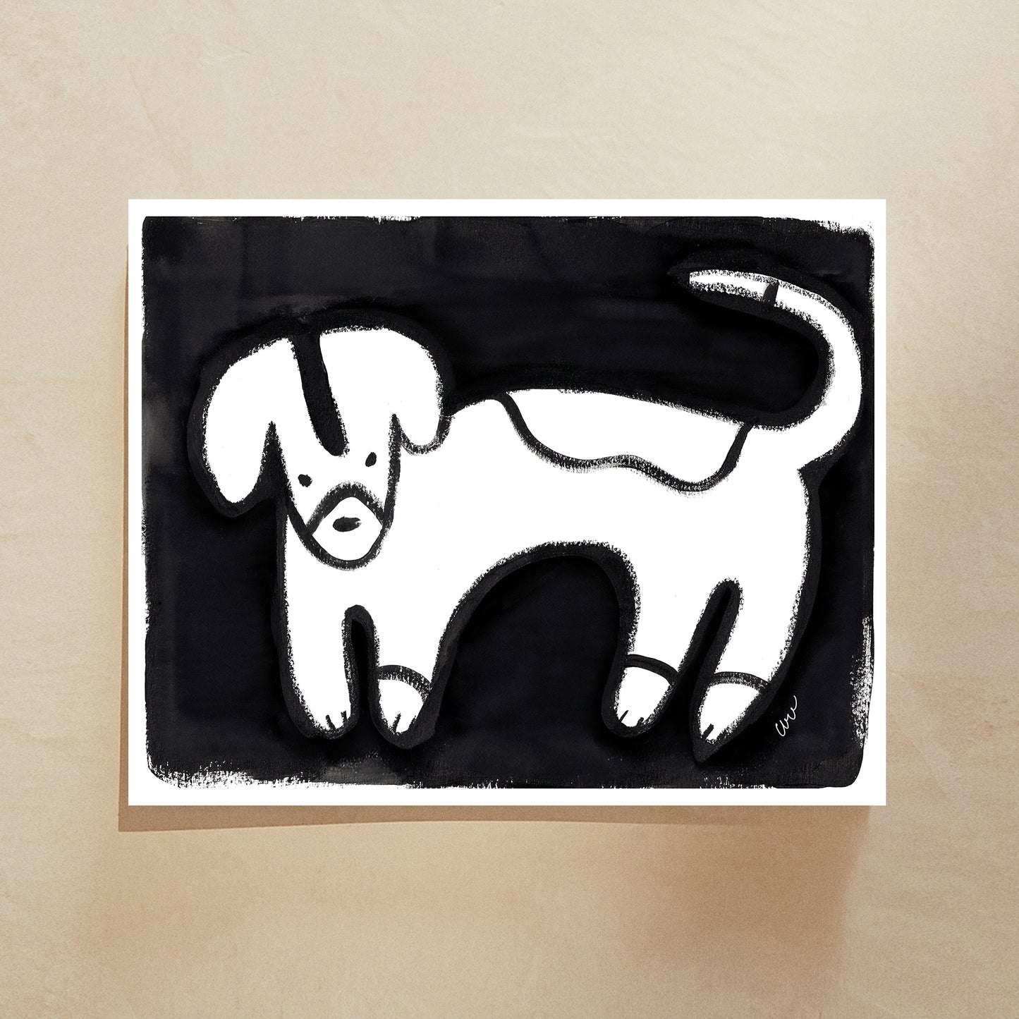 A simple black and white line drawing of a stylized dog on a dark background.