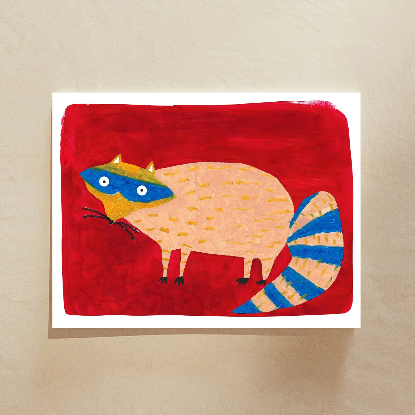 A colorful illustration of a raccoon with a blue mask and striped tail on a red background.