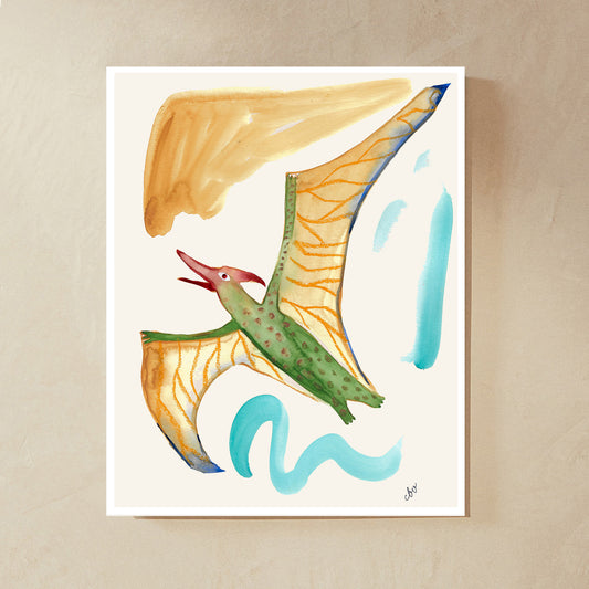 A colorful illustration of a flying pterosaur against an abstract background.