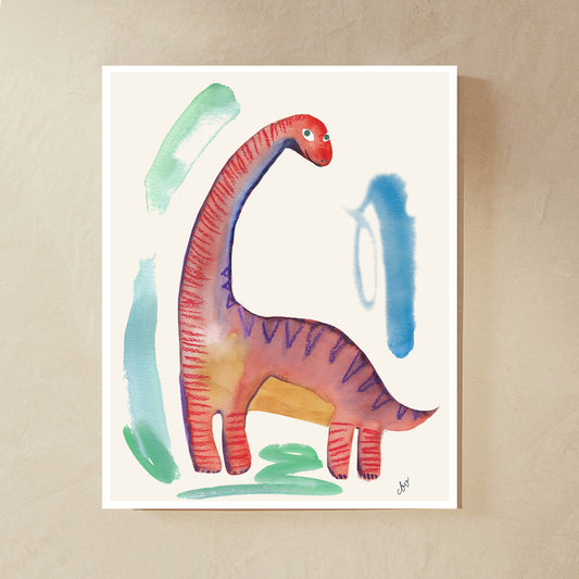 A colorful watercolor illustration of a dinosaur with a long neck, orange body, and blue and green background elements.