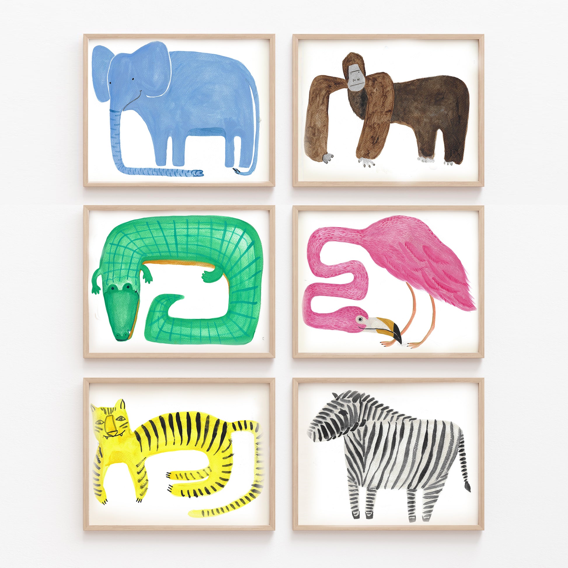 A colorful collage of animal artwork featuring a blue elephant, a brown gorilla, a green snake, pink flamingos, a yellow tiger, and a black-and-white zebra.
