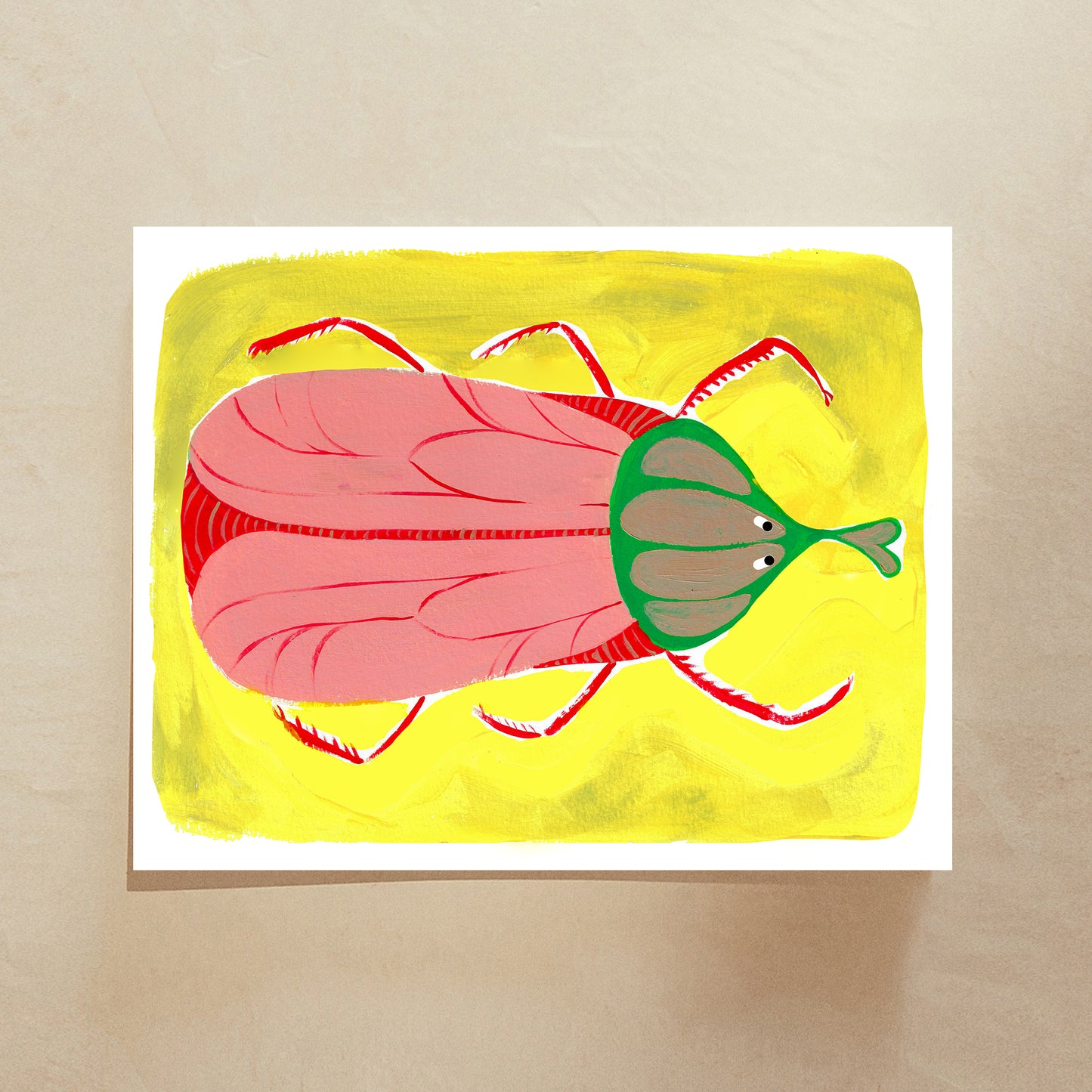 Illustration of a colorful stylized beetle on a yellow background