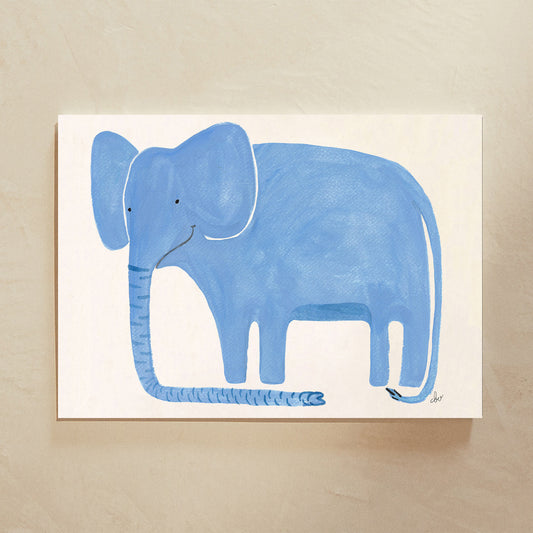 A simple, whimsical illustration of a blue elephant on a light background.