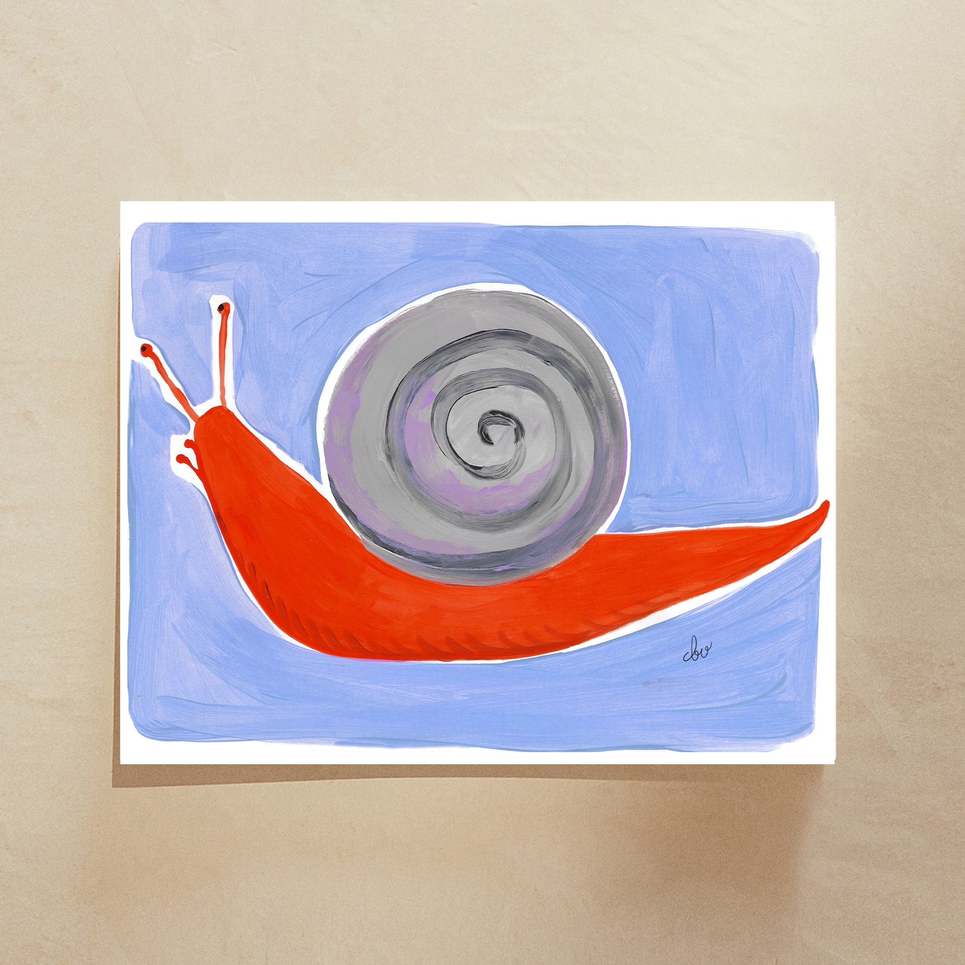 Colorful illustration of a snail with a red body and a gray spiral shell on a blue background.
