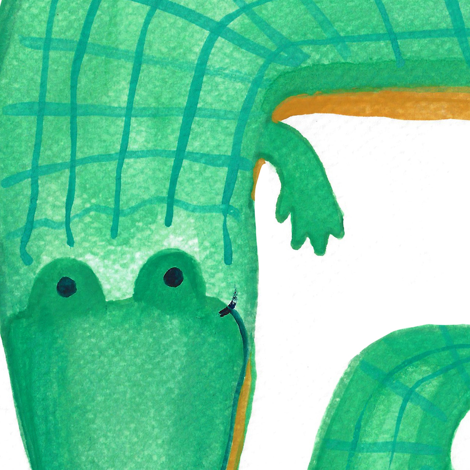 Illustration of a cartoon crocodile with a quirky expression.