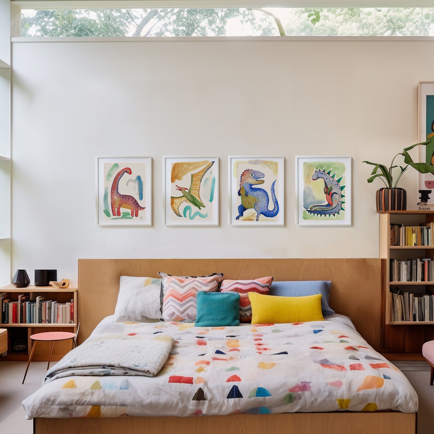 A cozy bedroom featuring a wooden bed with colorful pillows, a playful patterned blanket, and dinosaur-themed artwork on the wall.