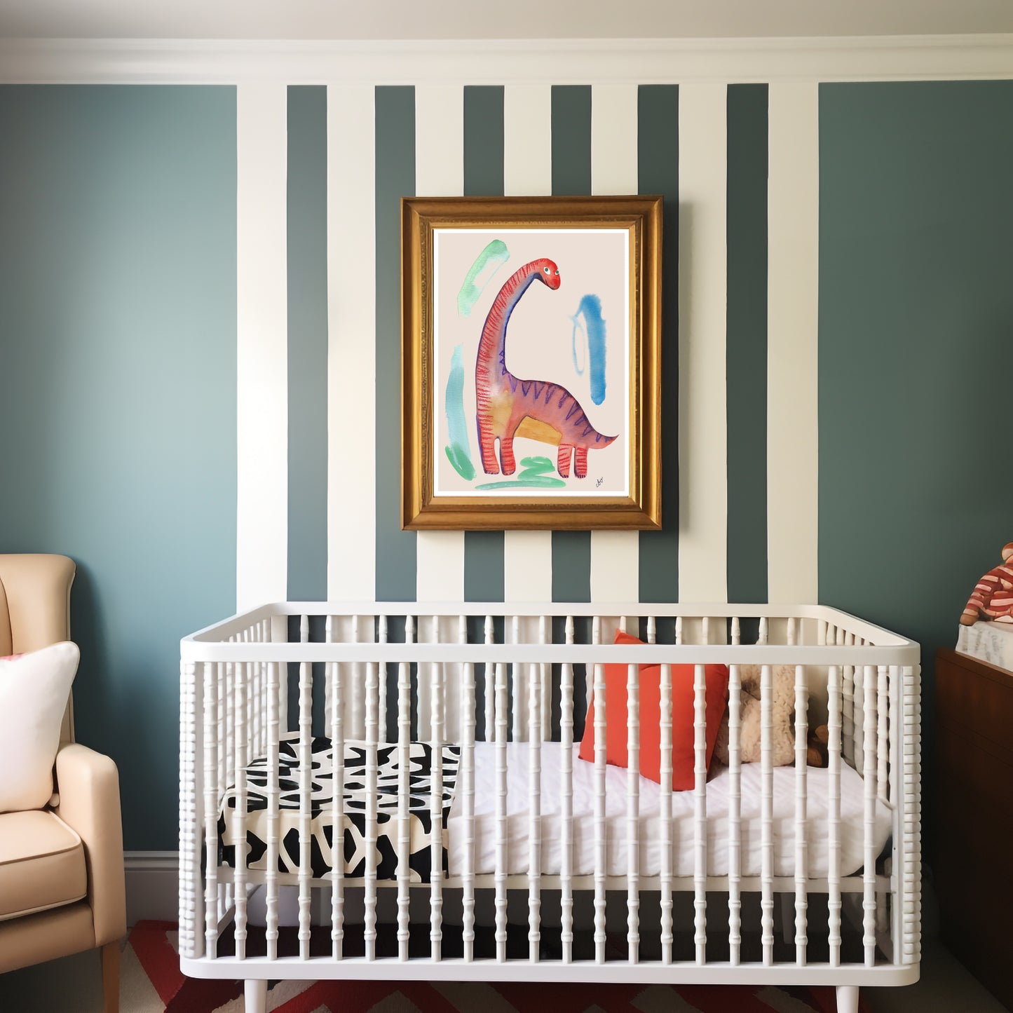 A cozy nursery featuring a crib, a comfortable chair, and a colorful dinosaur artwork on the wall.