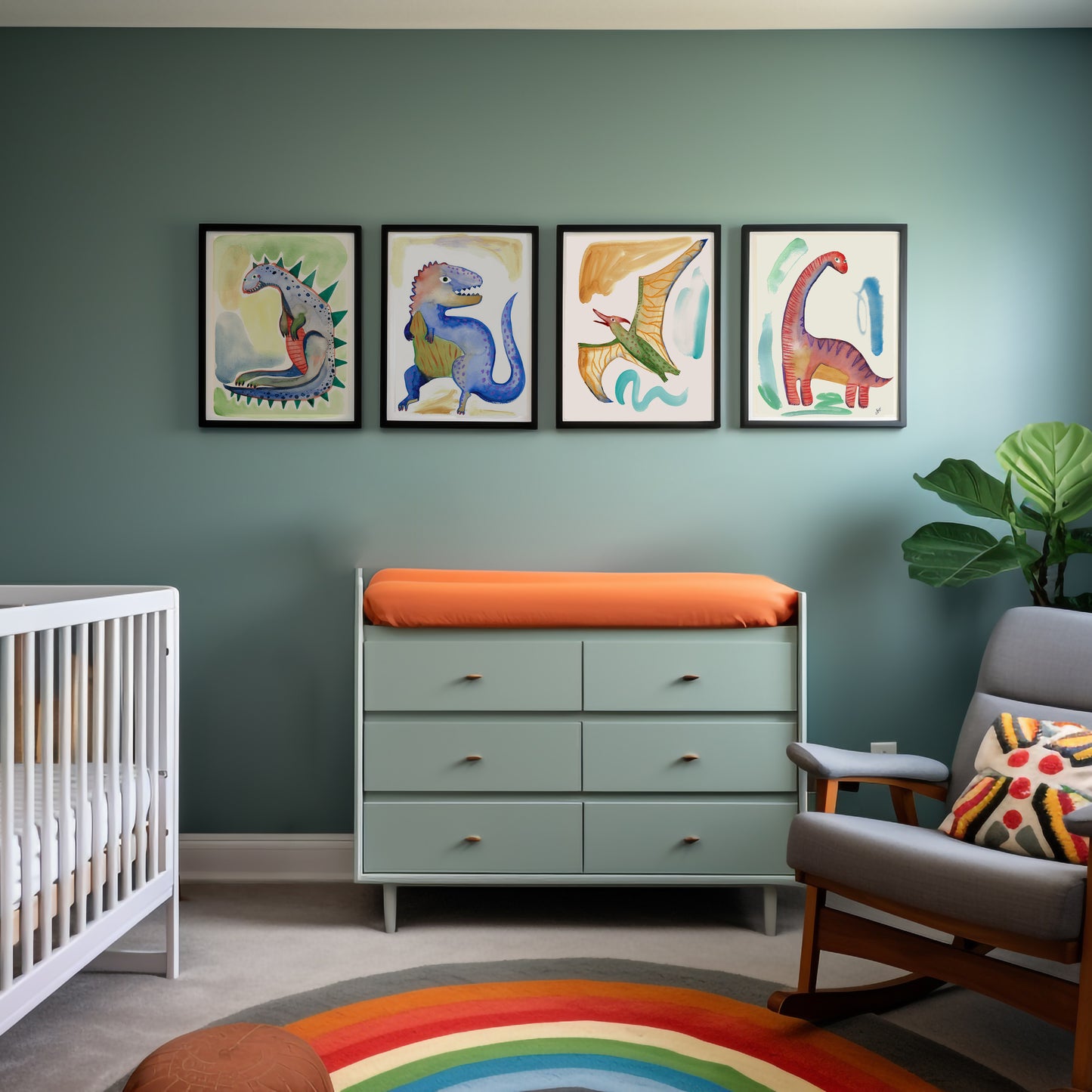 A colorful nursery featuring dinosaur-themed artwork, a crib, a dresser with an orange top, and a rainbow rug.