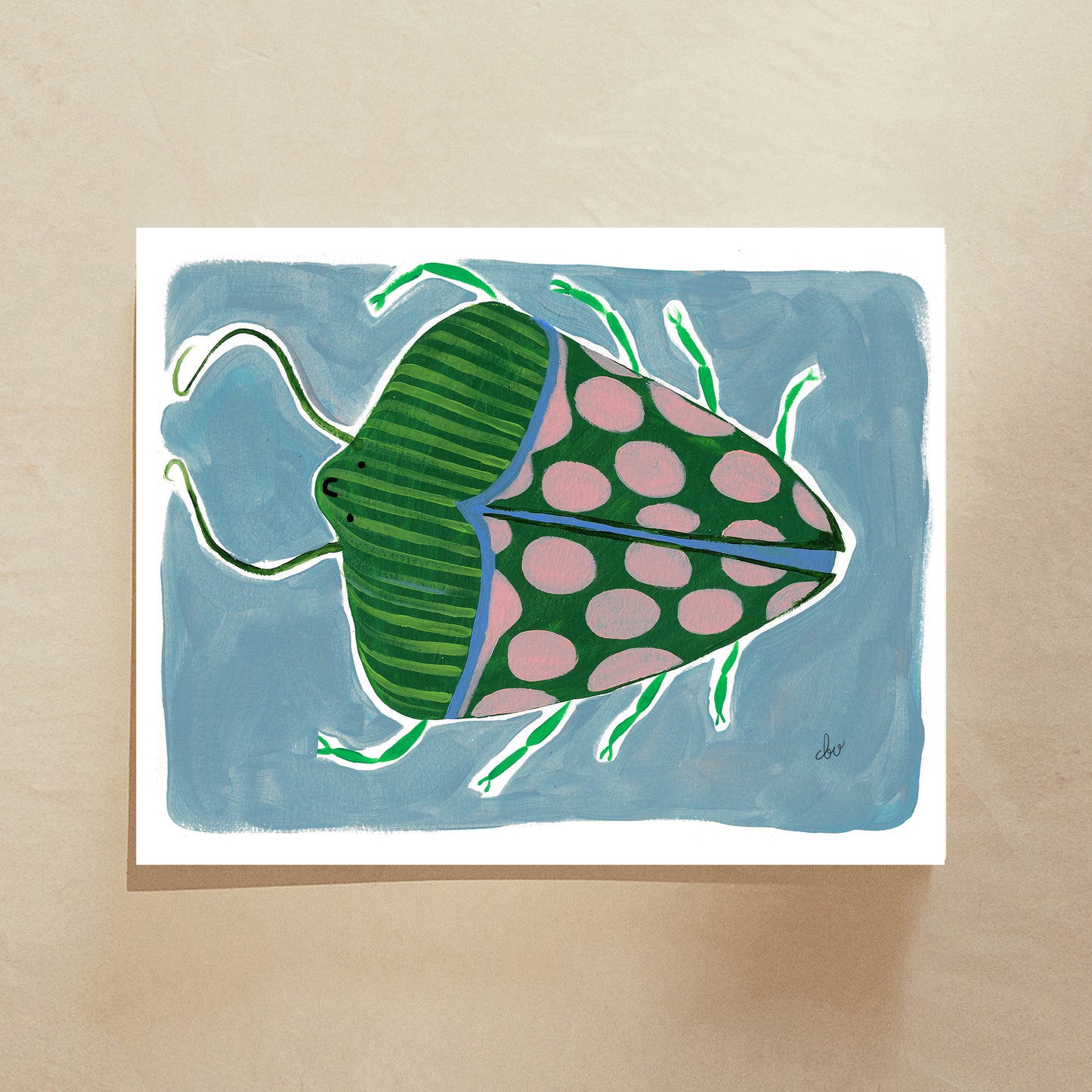 Illustration of a colorful beetle with green and pink patterns on a blue background.