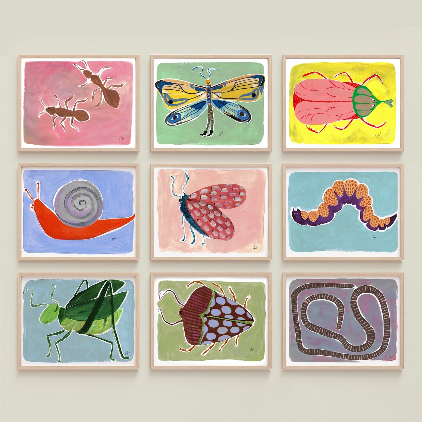 A grid of colorful illustrations featuring various bugs, insects, and a snail.