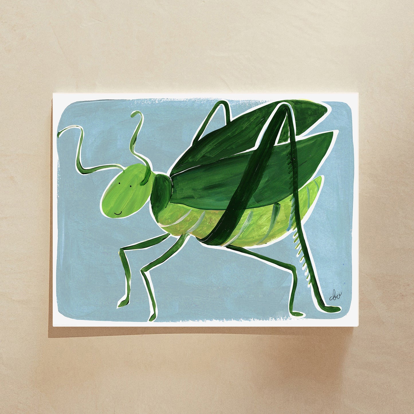 A colorful illustration of a green grasshopper on a light blue background.