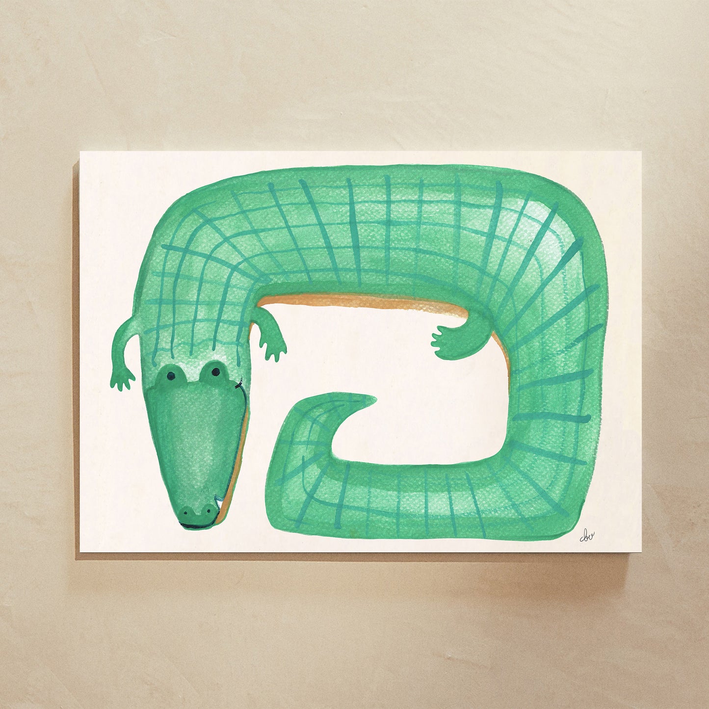 Illustration of a green, cartoonish crocodile with a quirky, curved body.