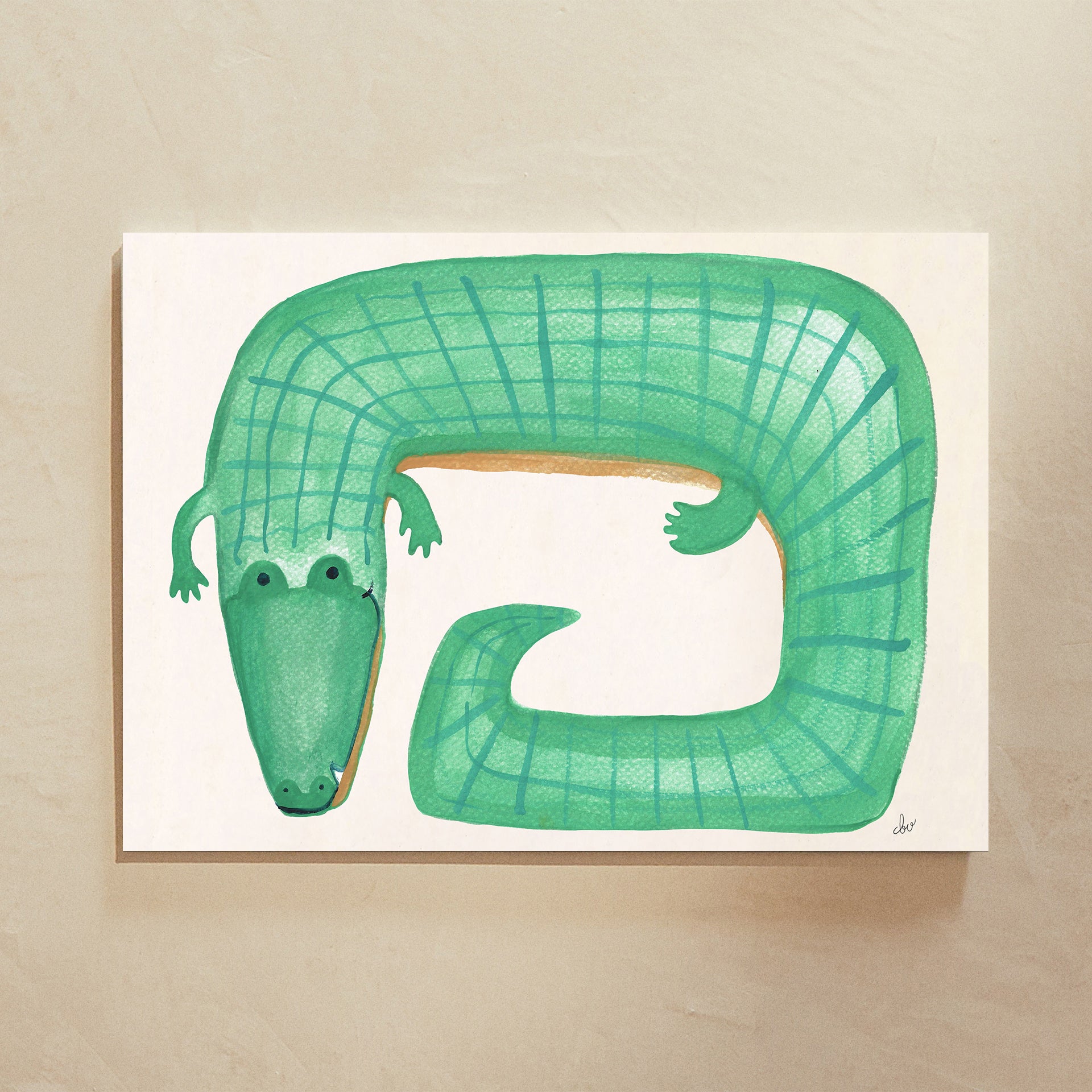 Illustration of a green, cartoonish crocodile with a quirky, curved body.