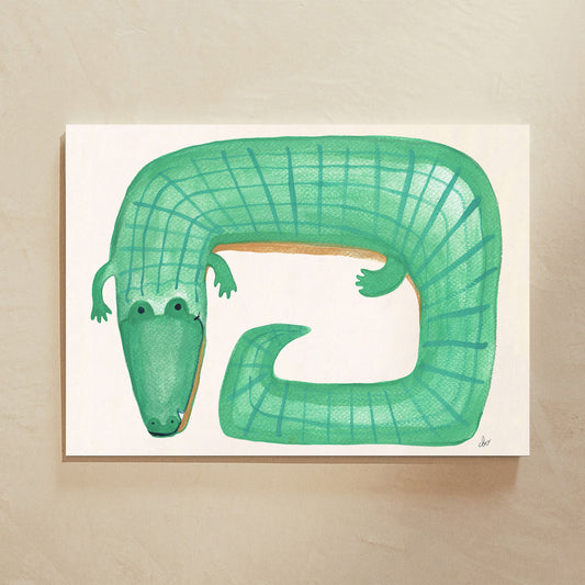 Illustration of a green, cartoonish crocodile with a quirky, curved body.