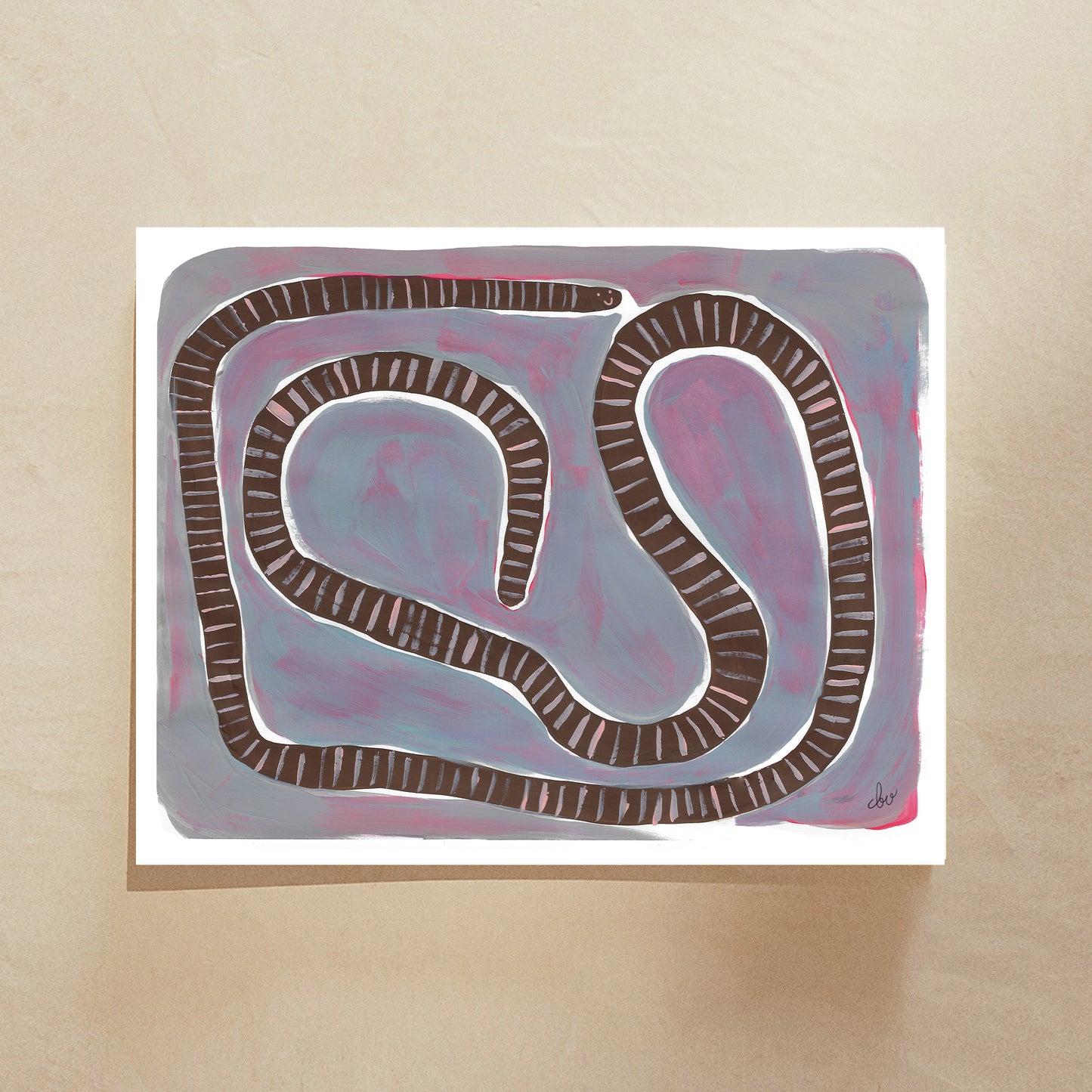 Abstract artwork featuring a winding, snake-like line on a colorful background.