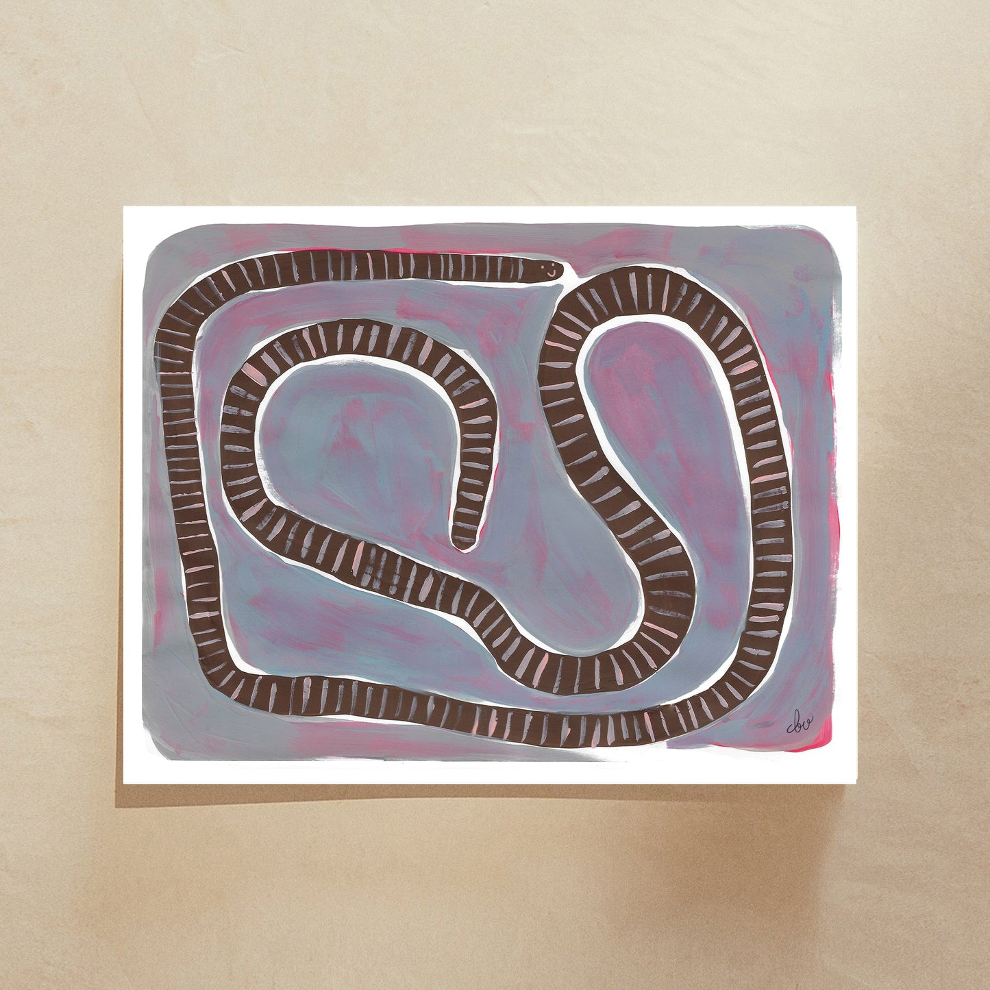 Abstract artwork featuring a black snake-like figure on a colorful background.