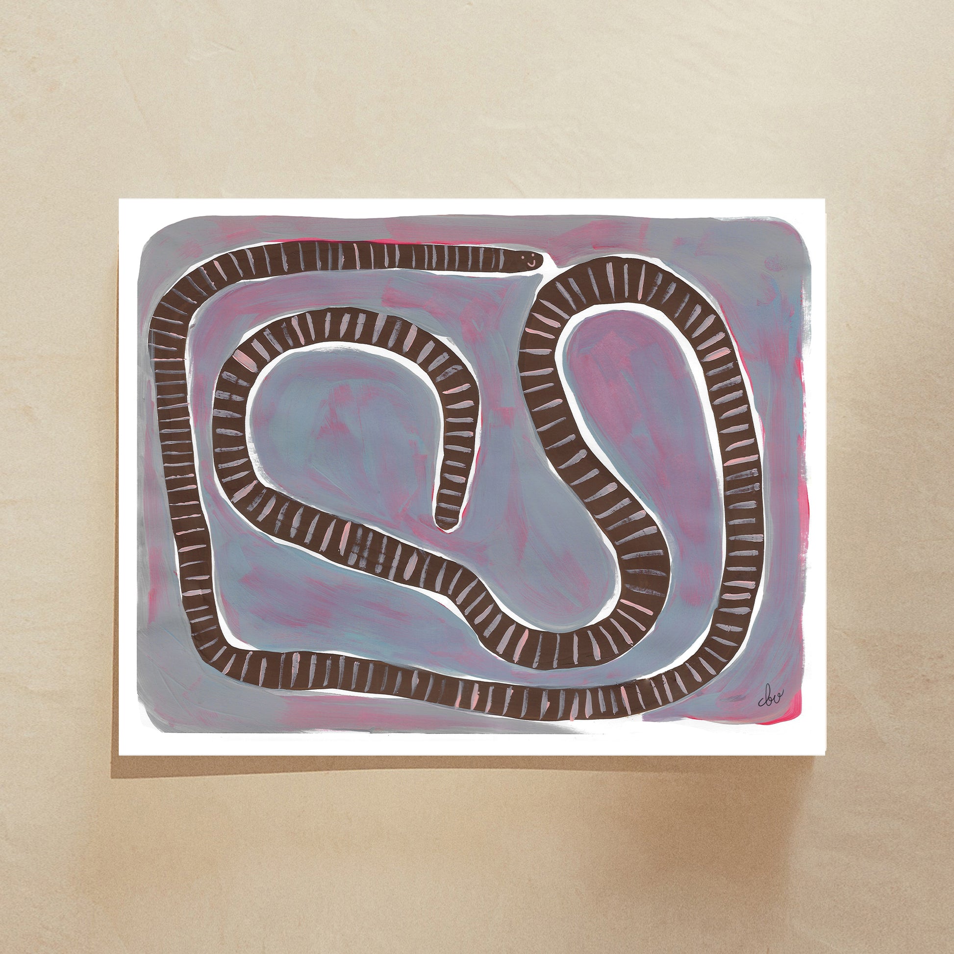 Abstract illustration of a winding shape resembling a snake on a colorful background.