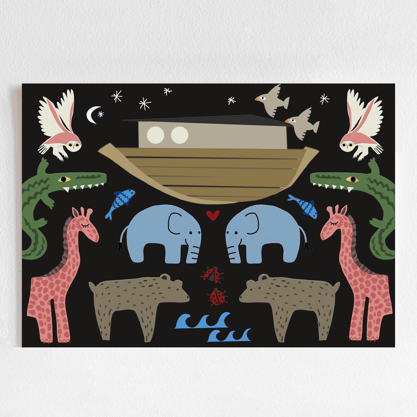 Colorful illustration of animals around a boat on a black background