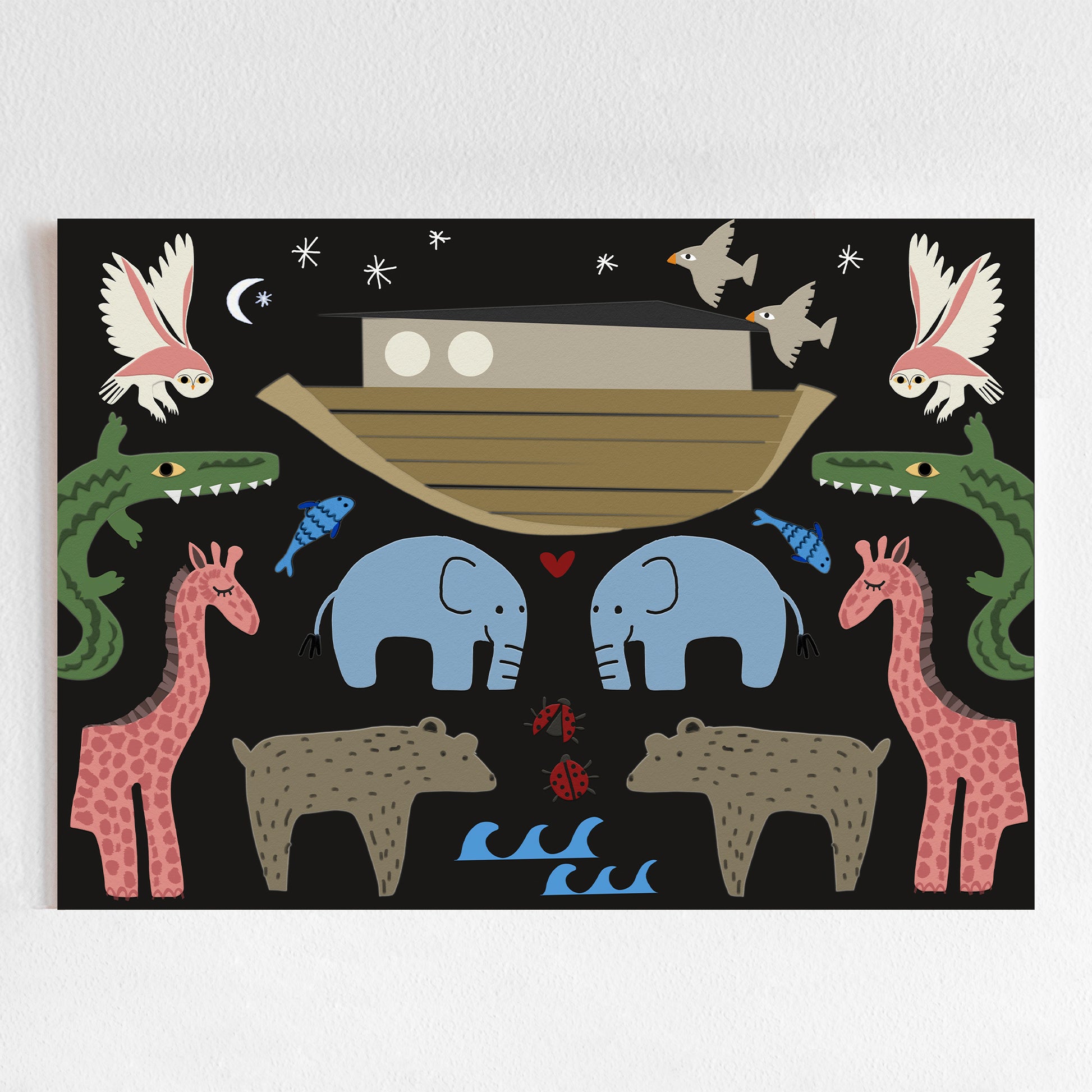 Colorful illustration of animals around a boat on a black background