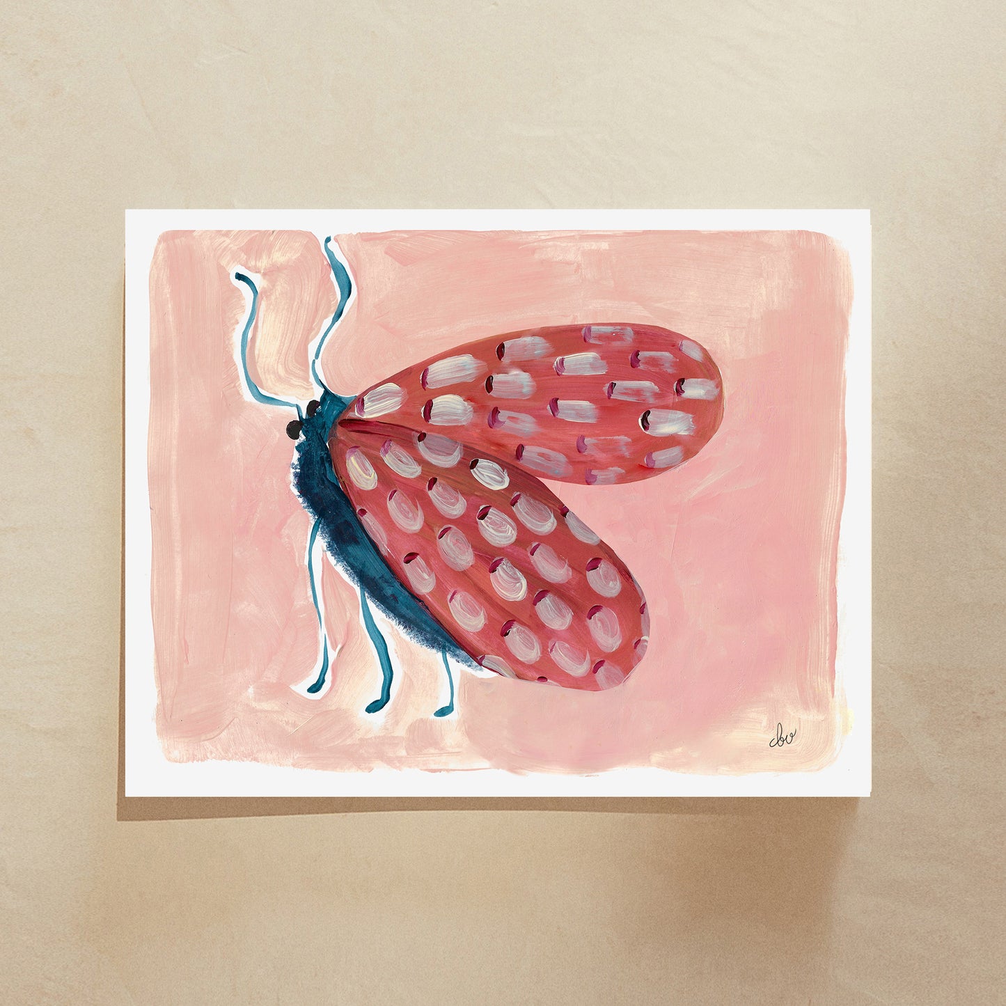 An artistic illustration of a colorful insect with patterned wings on a soft pink background.
