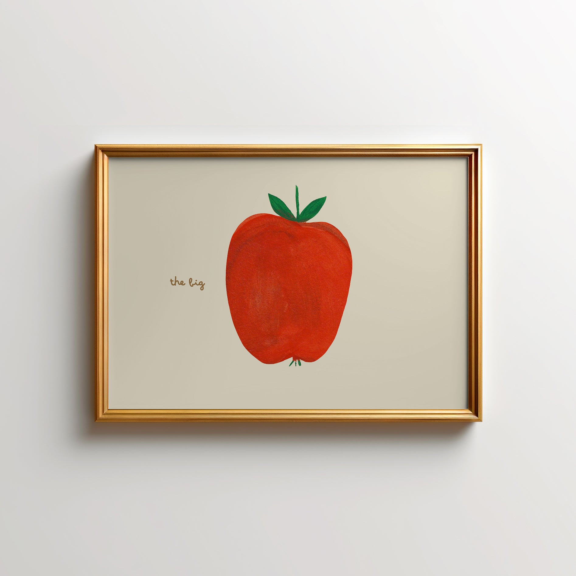 A framed artwork depicting a red apple with green leaves on a beige background.