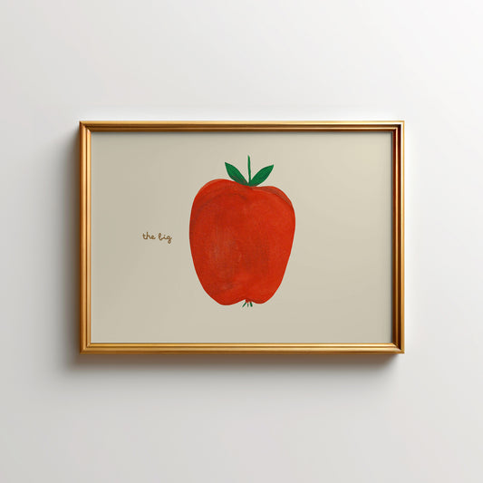 A framed artwork depicting a red apple with green leaves on a beige background.