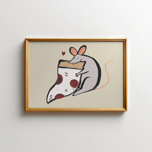 Cartoon mouse enjoying a slice of pizza