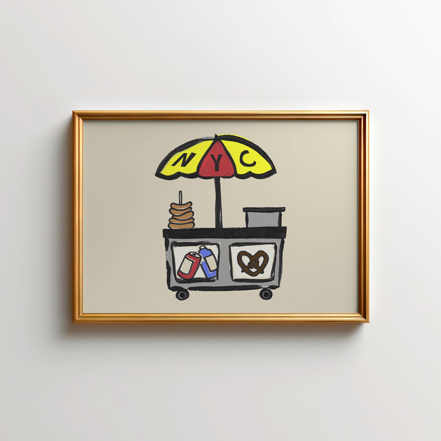 Illustration of a street food cart with an umbrella labeled 'NYC', featuring snacks like pretzels and drinks.