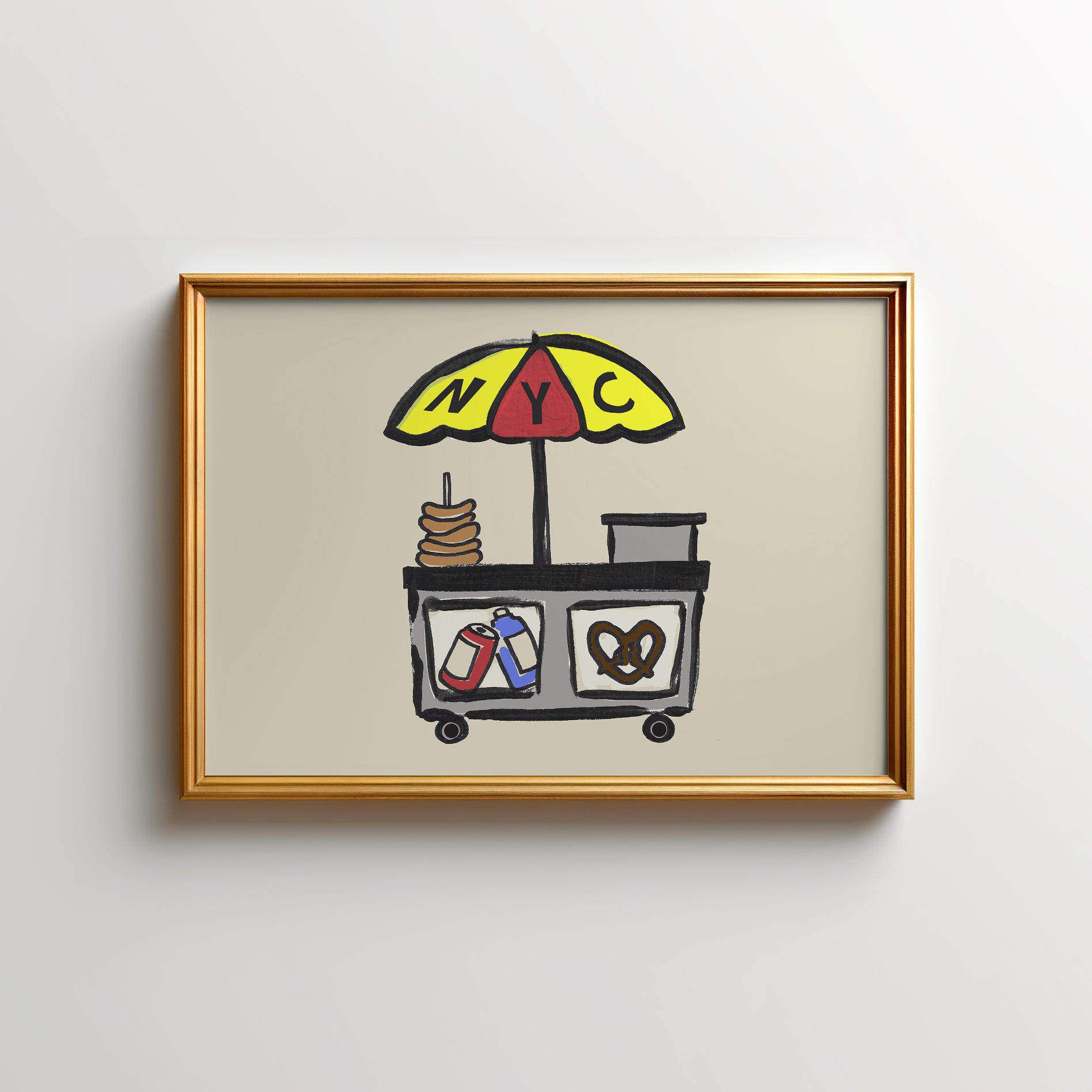 Illustration of a street food cart with an umbrella labeled 'NYC', featuring snacks like pretzels and drinks.