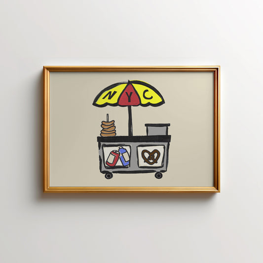 Illustration of a street food cart with an umbrella labeled 'NYC', featuring snacks like pretzels and drinks.
