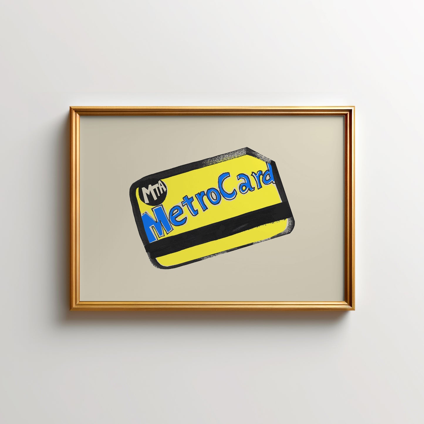 Illustration of a MetroCard in a gold frame on a light background.