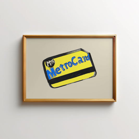 Illustration of a MetroCard in a gold frame on a light background.