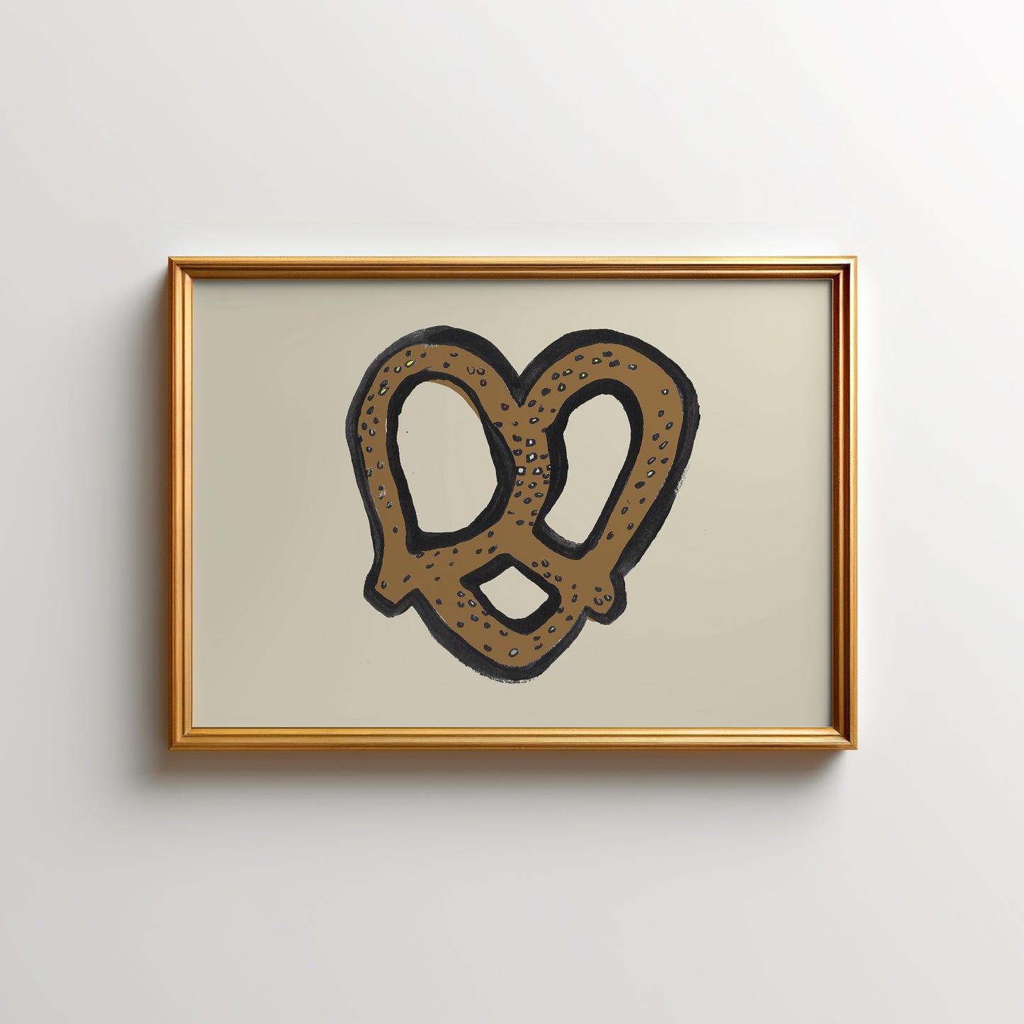 A framed illustration of a pretzel in a heart shape
