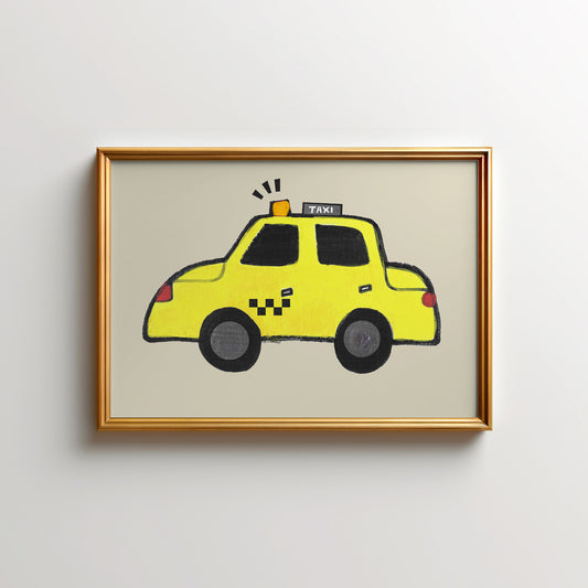 Illustration of a yellow taxi in a gold frame