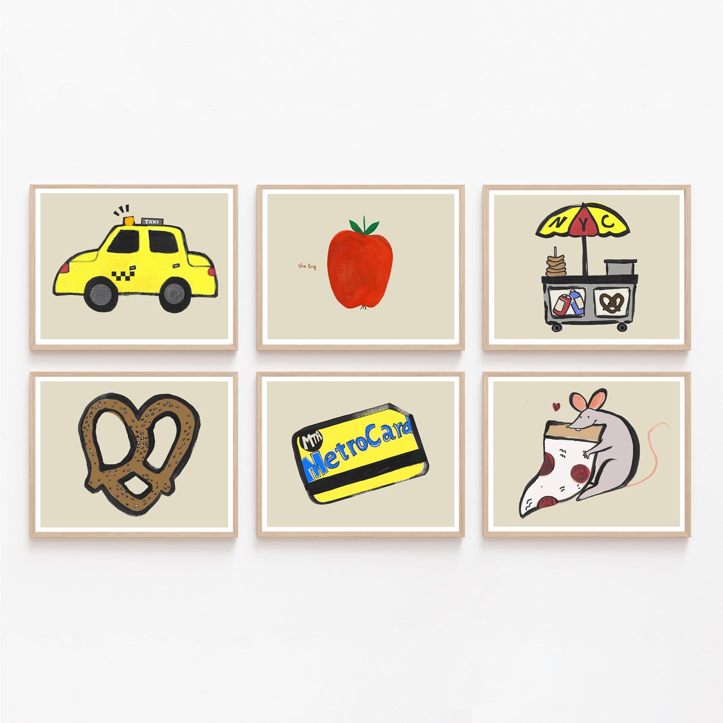 A collage of six illustrations featuring a taxi, a tomato, a street food cart, a pretzel, a MetroCard, and a rat.