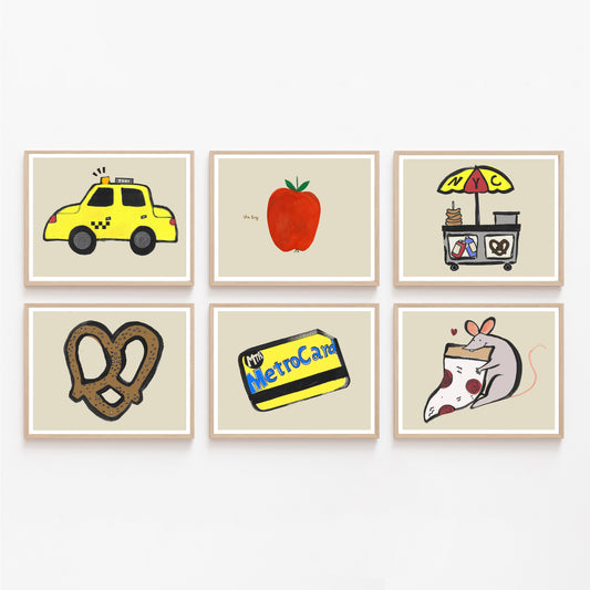 A collage of six illustrations: a yellow taxi, a red tomato, a food cart, a pretzel, a MetroCard, and a cartoon rat.