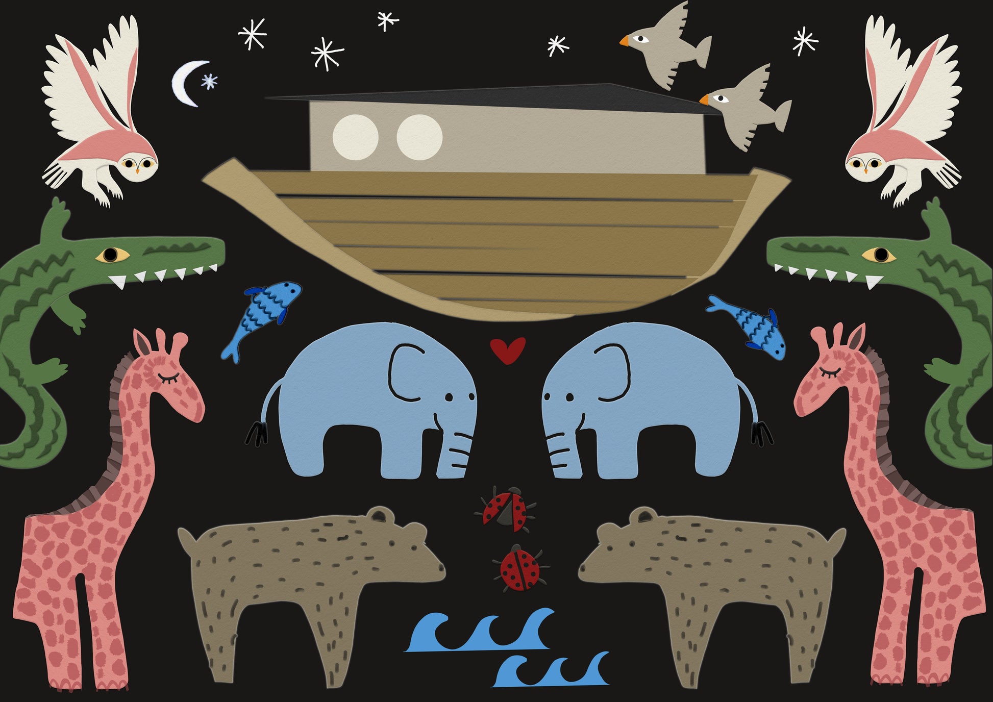 Colorful illustration of animals around an ark, featuring elephants, giraffes, bears, crocodiles, and birds against a night sky.