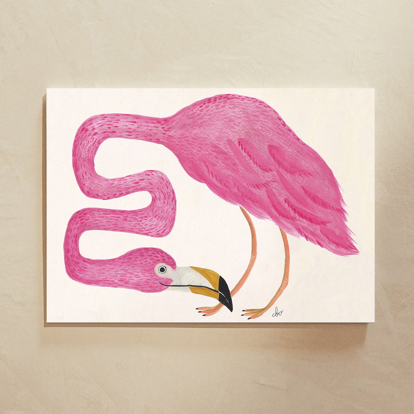 Illustration of a pink flamingo with a stylized, curved neck.